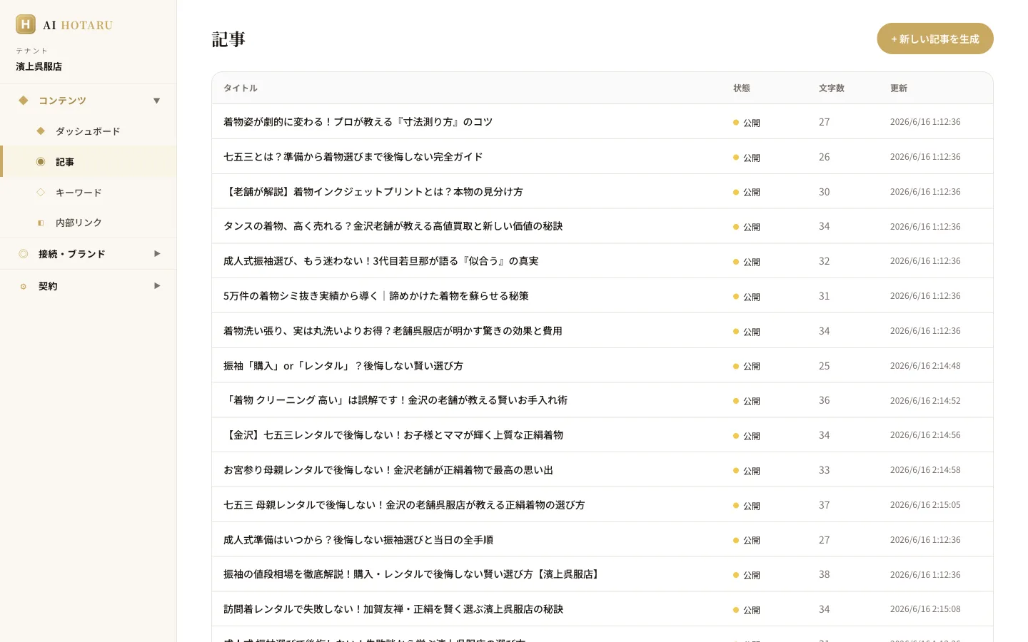 AI HOTARU の記事管理画面